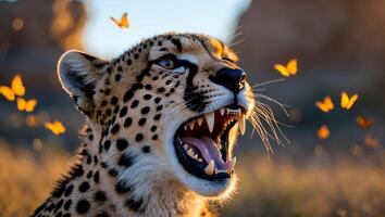 Roaring Cheetah Portrait with Open Mouth and Flying Orange Butterflies photo