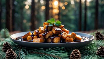 Roasted Sweet Potatoes with Sauce on Plate in a Forest Setting photo