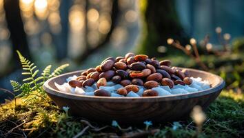 Cocoa Beans in a Bowl on Mossy Ground with Forest Backdrop photo