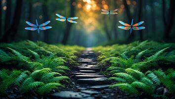 Dragonflies Flying Above Stone Path Through Lush Green Fern Forest photo