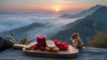 Chipmunk on Mountain Overlook Sharing Raspberry Jam and Bread at Sunset photo