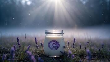 Jar with Drink Amidst Lavender Flowers at Sunlit Meadow Landscape photo