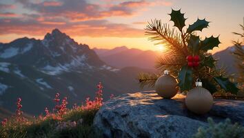 Christmas Ornaments Atop Mountain Overlook at Golden Hour Sunset photo