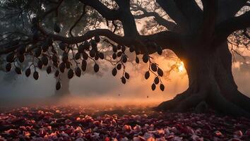 Giant Tree Sunburst with Petals on Ground in Misty Landscape photo