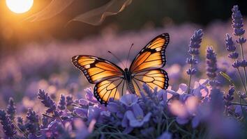 Butterfly Resting on Lavender Flowers in a Summer Field at Sunset photo