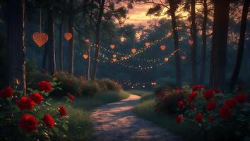 Walking Path Through Forest Decorated with Roses and Heart Shaped Lights photo