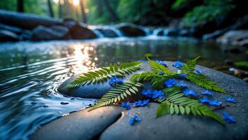 Fern and Blue Flowers on River Rock with Forest Stream Backdrop photo