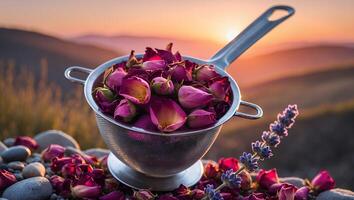 Rose Petals in Strainer with Lavender and Sunset Background photo