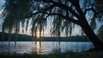 Willow Tree Overhanging Serene Lake at Sunset with Birds Flying photo
