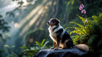 Dog Sitting on Rock Enjoying Sunbeams in Forest Landscape photo