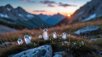 Crystals in Grassy Mountain Meadow at Sunset with Dew Drops photo