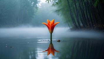 Orange Flower Blooms in Water with Foggy Forest Reflection photo