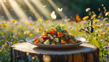 Quinoa Salad with Vegetables on Wood Slice in Sunny Field photo