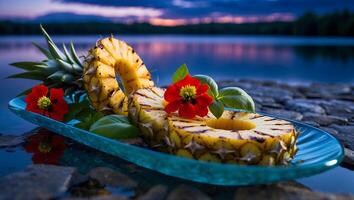 Grilled Pineapple Rings with Red Flowers on Tray at Dusk Landscape photo