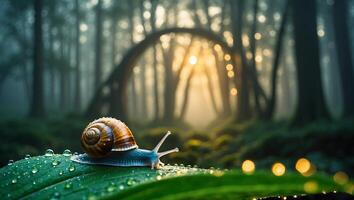 Snail Crawling on Leaf with Water Droplets in Forest Scene photo