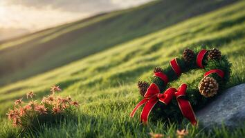 Wreath Resting in Grassy Field with Red Bows and Pinecones photo