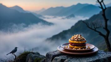 Stack of Pancakes on a Wooden Plate with Mountain View Scenery photo