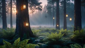 Illuminated Lanterns Hanging in a Misty Forest at Twilight photo