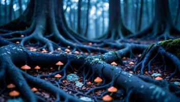 Mushrooms Growing Among Tree Roots in a Mystical Dark Forest photo