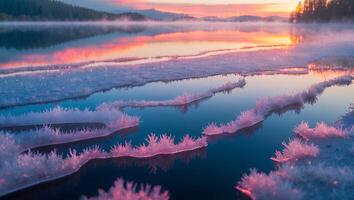Icy Lake at Sunset Reflecting Sky and Winter Frost Detail photo