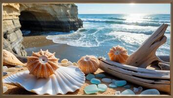 Seashells and Sea Urchins on Sandy Beach with Ocean View photo