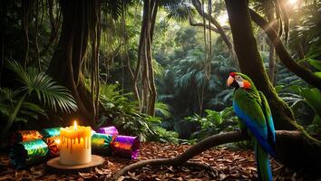 Parrot Watching Candle with Party Favors in a Tropical Jungle photo