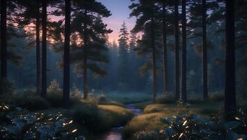 Stream Flowing Through a Dense Forest with Sunset Light photo