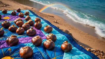 Arrangement of Fruits on Quilt at Sandy Beach with Rainbow View photo