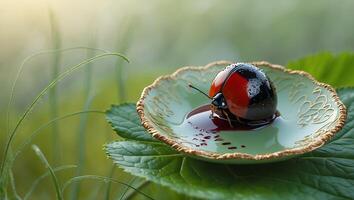Ladybug Resting on Ornamental Plate with Dark Liquid in Nature photo