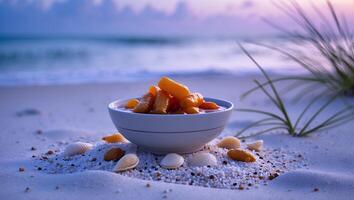 Bowl of Fruit by the Ocean at Dusk on Sandy Beach photo