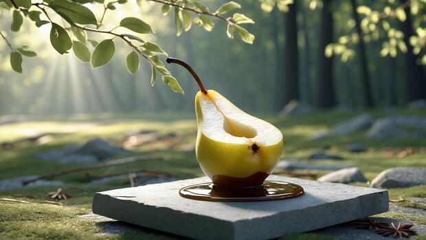 Pear Slice with Drizzle on Stone Slab in Forest Sunlight photo