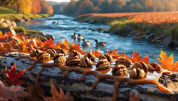 Walnuts on Log with Caramel Autumn River Landscape Scene photo