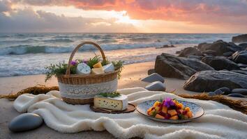 Cheese and Fruit Picnic on Sandy Beach at Sunset by Ocean photo