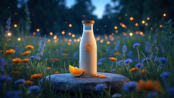 Bottle with Orange Juice and Orange Slice in a Flower Meadow photo