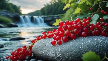 Red Currants on Stone Near River Waterfall Landscape photo