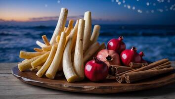 Serving Plate with Cassava, Pomegranates and Cinnamon at Ocean Sunset photo