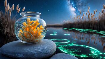 Jar of Coral on Stone by Lake Under Starry Night Sky photo
