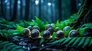 Snails Crawling on Ferns in Dark Forest Natural Environment photo