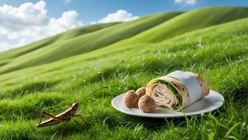 Wrap and Falafel Picnic on Green Hills with Grasshopper photo