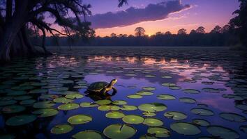 Turtle Relaxing on Lily Pads in a Calm Lake at Sunset photo