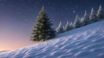Snowy Hillside with Evergreen Trees Under a Starry Night Sky photo