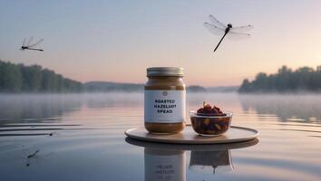 Hazelnut Spread and Fruit Near Serene Water with Dragonflies Flying photo