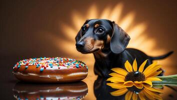 Dog Looking at Donut with Sprinkles Next to Sunflower photo