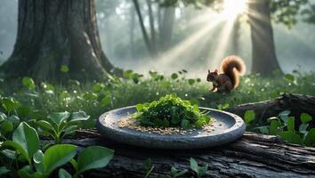 Squirrel in Forest Glade Looks at Greens with Seeds on Plate photo