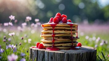 Stack of Pancakes with Raspberries and Syrup on Wood in Meadow photo