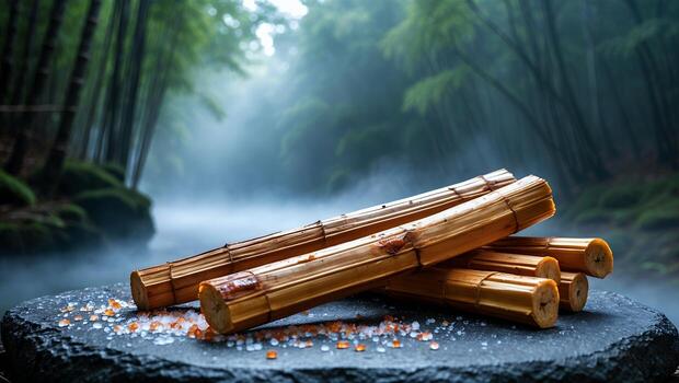 Bamboo Sticks on Stone Slab with Misty Forest Background photo
