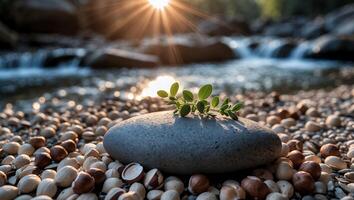 Plant Growing on Stone by Flowing River with Warm Sun Light photo