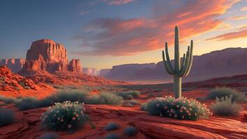 Arizona Desert Landscape with Cactus at Sunset and Red Rock Formations photo
