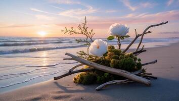 Floral Arrangement on Beach at Sunset with Waves and Driftwood photo