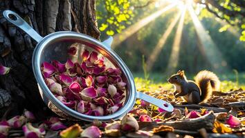Squirrel Observing Rose Petals in a Colander Under Sunny Tree photo